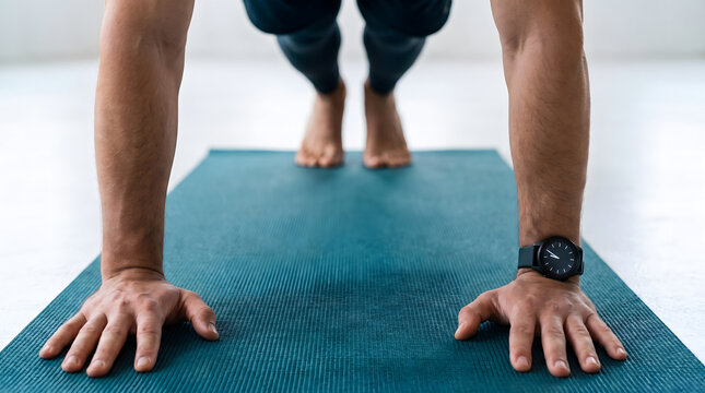 Man performing yoga plank pose with hands on mat in indoor studio