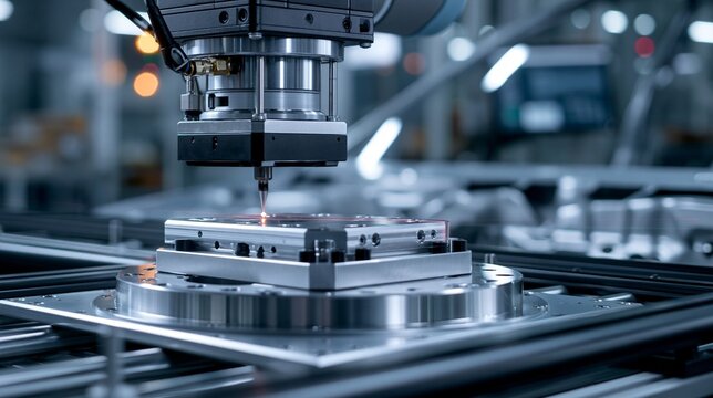 Closeup on a dimensional inspection cell featuring a coordinate measuring machine fixture checking automotive body geometry with automated precision.