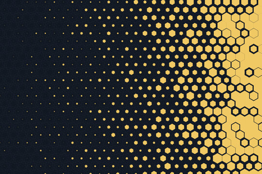 Dark blue and yellow geometric pattern with hexagon shapes transitioning into small star symbols