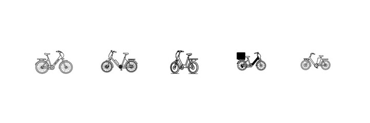 Obraz premium Electric cargo bike set with minimalist pictogram and bold black strokes featuring electric bike, cargo bike, logistics symbol with green color and white background