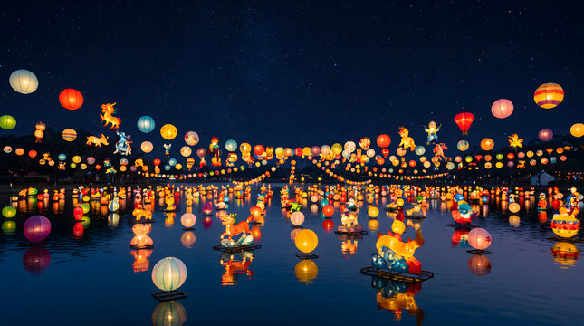 Colorful lanterns floating on lake surface under starry night sky during festive celebration
