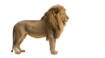 Majestic male lion with full mane standing profile view © Liselotte