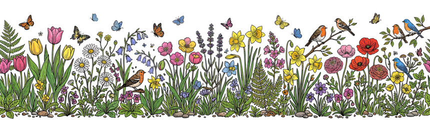 Whimsical Spring Garden Border with Birds and Butterflies © roziah