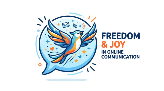 Colorful vector illustration of a bird flying inside a speech bubble with digital icons representing freedom and joy in online communication and social media messaging