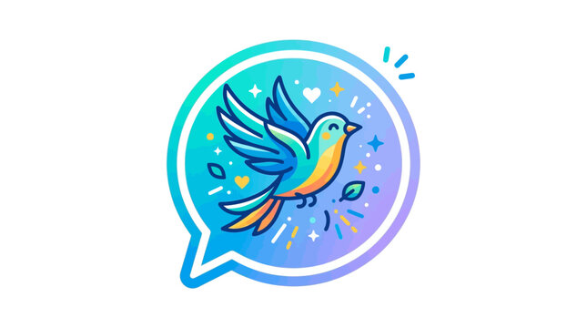 Colorful bird flying inside a blue speech bubble icon with hearts and stars vector illustration for social media communication app logo design