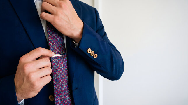 Man adjusting his tie and securing it with a tie clip in a close up shot