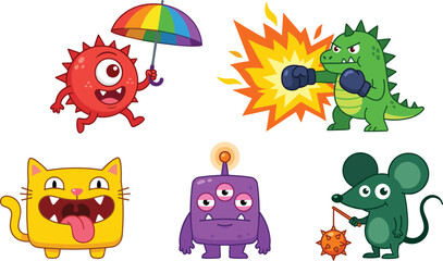 Fototapeta premium Cute Monster and Animal Cartoon Character Vector Set with Boxing Dinosaur Cat and Alien Illustration