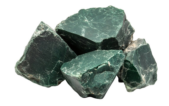 Raw chunks of dark green nephrite jade stone isolated on a white background, displaying rough texture and mineral crystalline structure