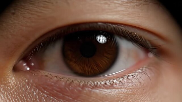 Extreme macro closeup of a brown human eye with pupil dilating on a black background