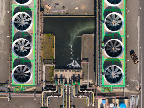 Top-Down Aerial View of Power Station Cooling Water Intake and Turbines