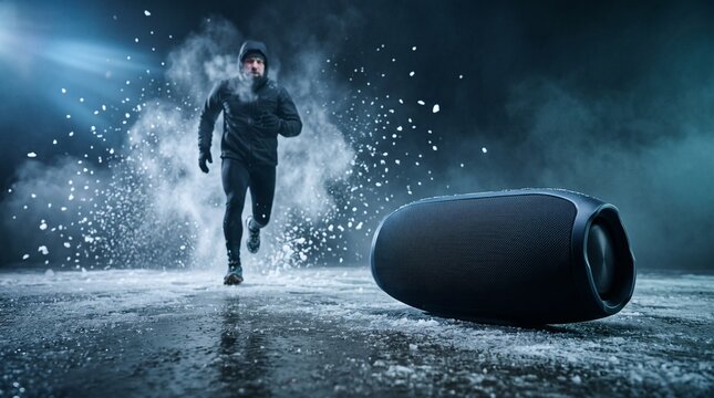 Male runner in winter blizzard running with portable bluetooth speaker splashing snow particles