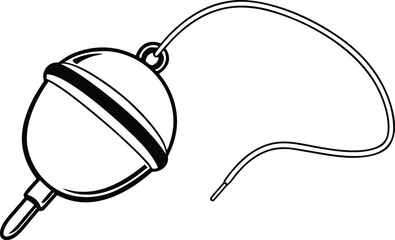 Simple black and white line of a round fishing bobber with a string, isolated on a white background float © safowan