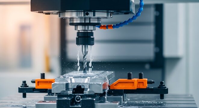 CNC machine precision-cutting a metal block with coolant spray in industrial workshop
