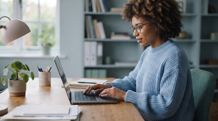 Fototapeta premium Smiling woman working on laptop in cozy home office with plants and morning daylight