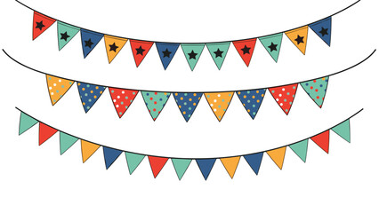Obraz premium Colorful party bunting garlands with stars, polka dots, and stripes hanging on strings over a white background.