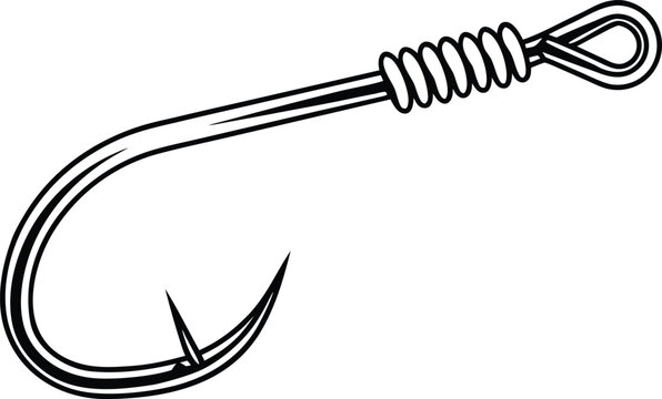 A single sharp fishing hook with a looped eye, illustrated in a clean black and white line style on a white background