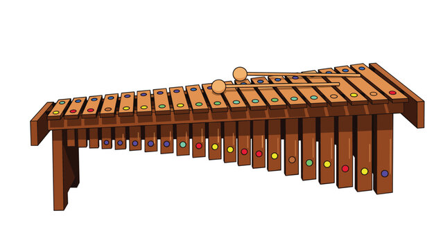 Wooden percussion xylophone or marimba instrument with colorful notes and two playing mallets on white background.