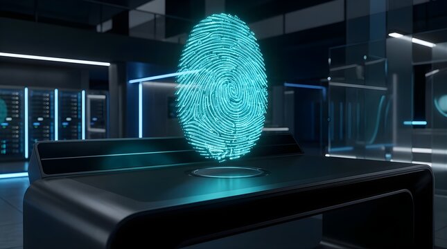 Glowing digital fingerprint hologram scanning in futuristic data center