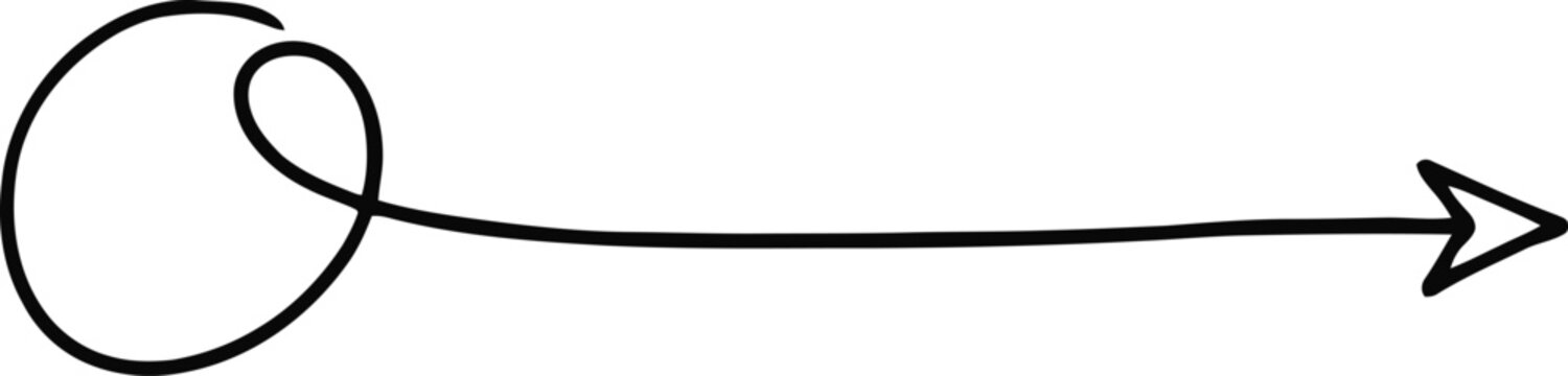 Creative loopy arrow vector drawing with circle start and thin line pointing right for navigation.