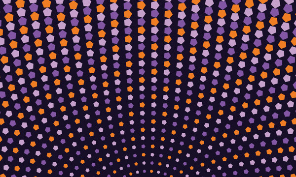 Abstract geometric pattern with pentagons in purple and orange hues on dark background creating a radial effect