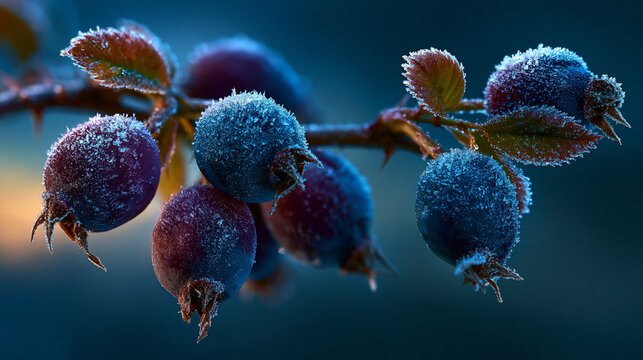 Frost covered blue berries on a thorny branch in early morning with background, icecrystals