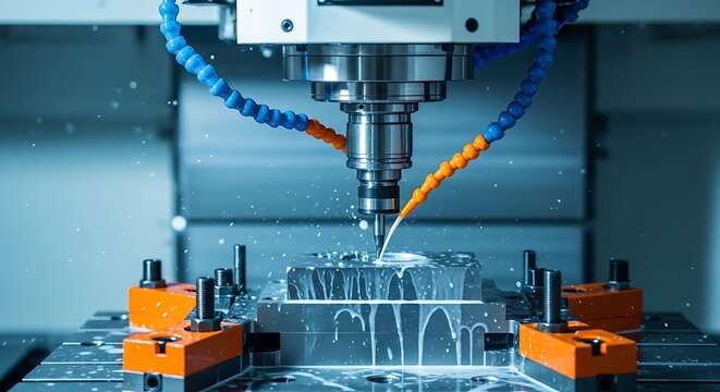 CNC milling machine in operation, cutting metal with precision, spraying cooling liquid