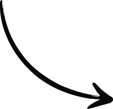 Hand drawn doodle style bent arrow pointing down right, black color sketch ink design element on transparent background.