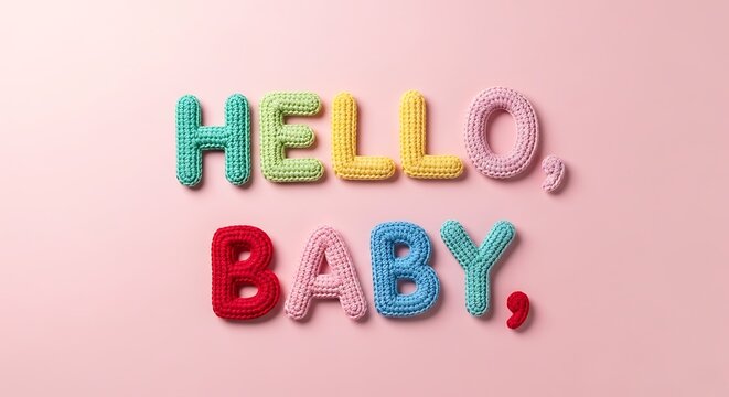 Colorful 3D text "HELLO, BABY," appears on a pink background, textured like yarn