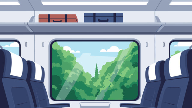 Clean interior of a modern passenger train cabin with comfortable seats and a large window showing green forest.