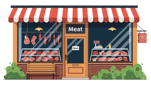 Exterior facade of a traditional local butcher shop decorated with a red striped awning and showcases filled with fresh meat.