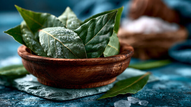 Fresh green bay leaves in a small rustic wooden bowl with seasoning culinary aromatic ingredient