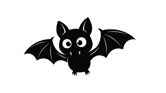 Cute cartoon bat with large eyes and tiny fangs spread its wings in this simple black and white illustration perfect for spooky halloween art.