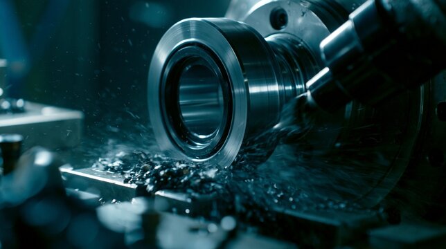 Medium angle footage highlighting the precision grinding of carbon compressor seal rings on a lathe emphasizing engineered tolerances and quality control.