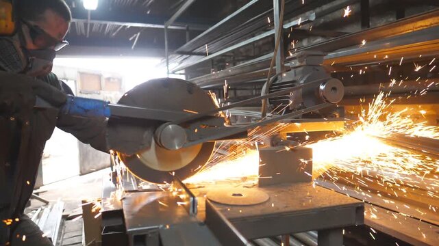 Man use saw cutting machine to cut metal. Unrecognizable guy with circular saw sawing steel in garage. Industrial professional worker in safety protection grinding metal. Sparks fly from hot metal