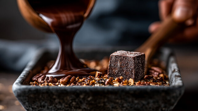 Hand pouring thick chocolate syrup onto a decadent dessert cube with chocolate culinary indulgence