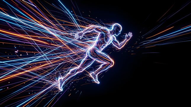 Human silhouette running fast with neon light trails against black background