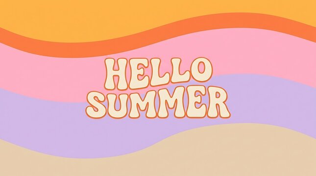 Retro hello summer text on wavy colorful pastel background with background