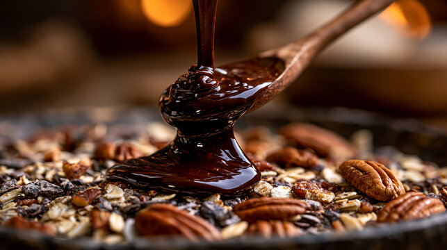 Pouring warm dark chocolate syrup over a bowl of nutty granola with chocolate breakfast culinary