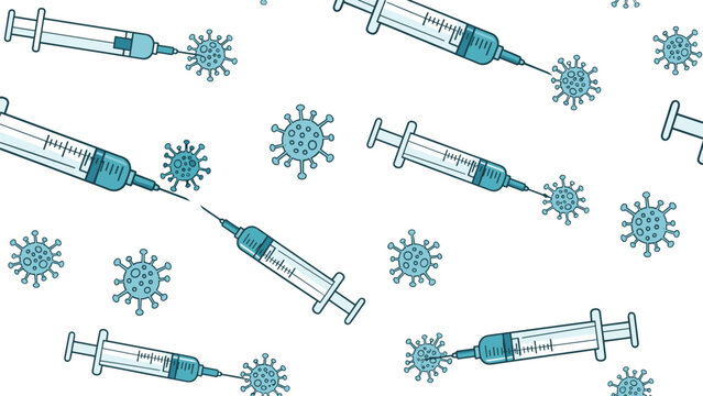 Medical syringe and virus pattern symbolizes global vaccination efforts and healthcare response to infectious disease outbreaks.