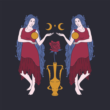 Beautiful long hair woman holding sun and half moon vector illustration