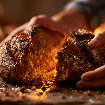 Hands tearing fresh homemade sourdough bread loaf with warm golden interior texture, sourdough