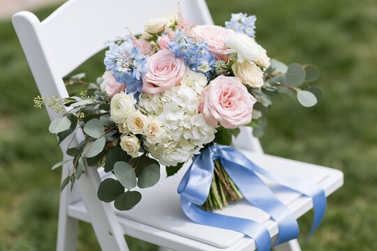 The pastel bouquet resting on a white chair with blue satin ribbon