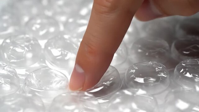 Finger popping plastic bubble wrap one by one for satisfying stress relief macro view