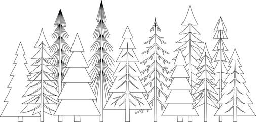 Pine forest line art vector illustration featuring coniferous evergreen trees outline graphic horizontal background © MstSarjina