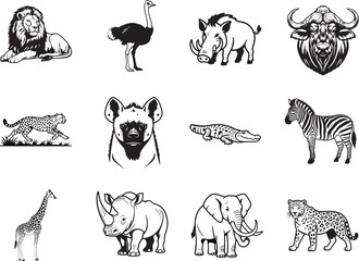 Obraz premium A collection of twelve iconic African wildlife animals depicted in a graphic, stylized illustration.
