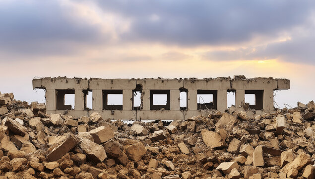 A ruined concrete building section stands amidst a pile of rubble under a dramatic sunset sky
