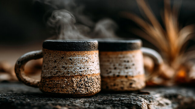 Pair of steaming rustic ceramic mugs with hot coffee on a table beverage breakfast handcrafted