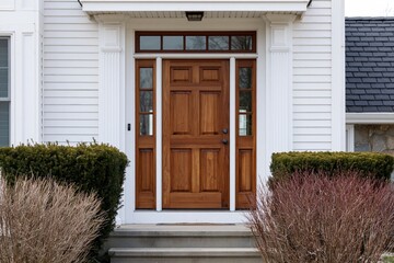Obraz premium The Wooden Front Door With Sidelights Framed by White Columned Porch