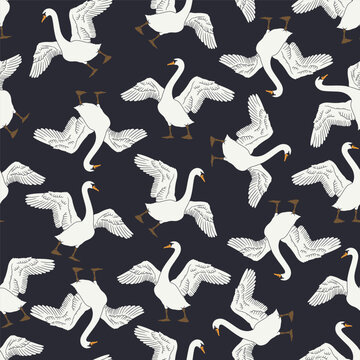 Hand drawn ink line art swan with spread wings seamless pattern on black background