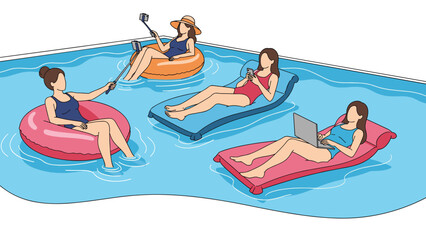 Obraz premium Four young women relaxing on colorful pool floats in a swimming pool while using their smartphones, laptops, and selfie sticks.
